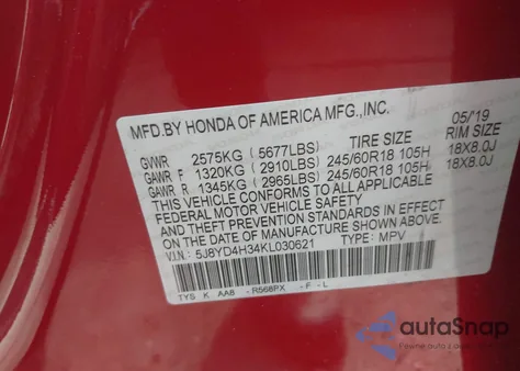 2019 Acura Mdx Standard из США, поврежденный, VIN 5J8YD4H34KL030621